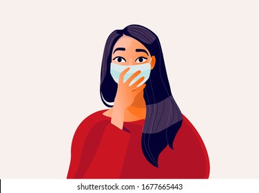 2019-ncov quarantine. Sad woman in protective mask . Thinking girl. Doubts, problems, thoughts, emotions. Curious woman questioning. Vector illustration. Coronavirus panic. 