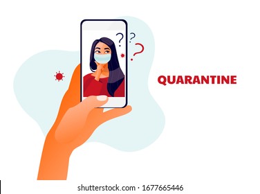 2019-ncov quarantine. Sad woman in protective mask on phone screen questioning. Remote work concept. Coronavirus panic. Lovers apart. Isolated sick person vector illustration.