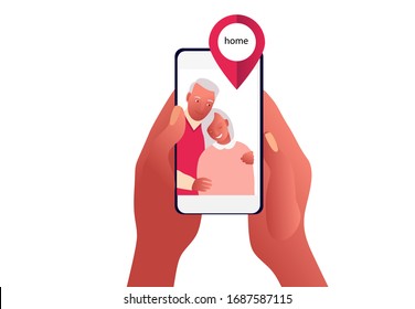 2019-ncov quarantine. Senior couple on phone screen. Family apart. Stay at home. Coronavirus panic. Isolated old people vector illustration.