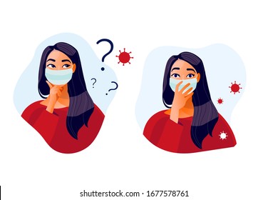 2019-ncov quarantine. Set of two sad women in protective mask . Thinking girl. Doubts, problems, thoughts, emotions. Curious woman questioning, question mark. Vector illustration. Coronavirus panic. 