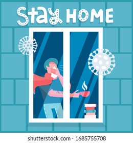 2019-ncov quarantine. Sick Man drinking tea near the window. Outside view. Lockdown at home. Remote work concept. Stay at home. Coronavirus panic. Isolated person vector flat illustration