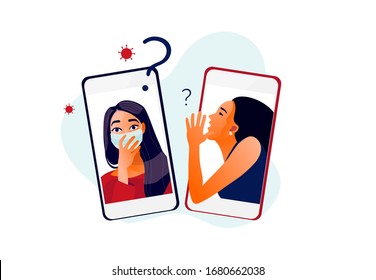 2019-ncov quarantine. Two girls gossiping. Smartphone screen. Sad woman in protective mask. Doubts, problems, thoughts, emotions. Frightened women. Vector illustration. Coronavirus panic. 