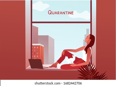 2019-ncov quarantine. Woman looking thinking and looking through the window. Lockdown at home. Laptop. Remote work concept. Stay at home. Coronavirus panic. Isolated sick person vector illustration.