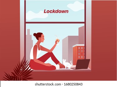 2019-ncov quarantine. Woman looking through the window. Lockdown at home. Laptop. Remote work concept. Stay at home type. Coronavirus panic. Isolated sick person vector illustration.