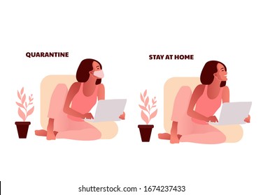 2019-ncov quarantine. Woman in protective mask working at home. Laptop. Remote work concept. Stay at home type. Coronavirus panic. Isolated sick person vector illustration.