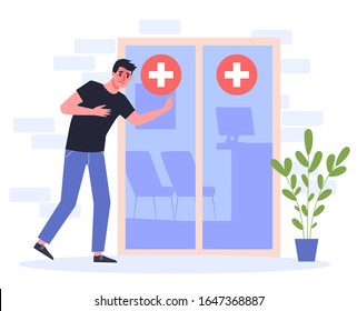 2019-nCoV symptoms. Infected man goes to hospital for medical treatment. Isolated vector illustration in cartoon style