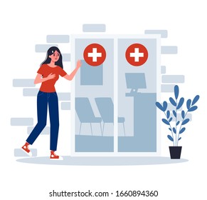 2019-nCoV symptoms. Infected woman goes to hospital for medical treatment. Isolated vector illustration in cartoon style