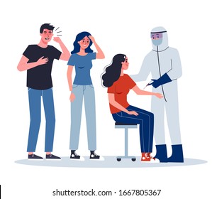 2019-nCoV symptoms and treatment. Coronovirus alert. Doctor in special equipment making a vaccine injection to infected woman. Isolated vector illustration in cartoon style