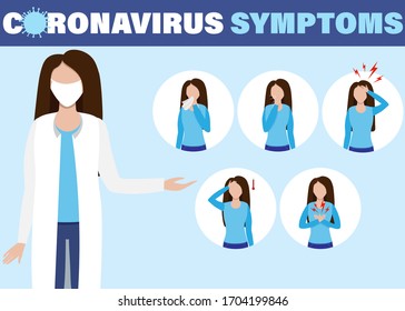 Consejos de protección antivirus 2019-nCoV. Infografía de los síntomas del coronavirus, enfermedad de Ncov. Fiebre y tos infecciosos.