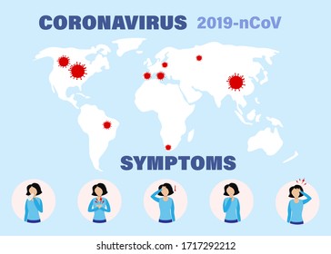 Consejos de protección antivirus 2019-nCoV. Infografía de los síntomas del coronavirus, enfermedad de Ncov. Fiebre y tos infecciosos.