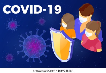 2019-nCoV virus strain with shield protect family in masks. quarantine from Wuhan novel coronavirus. pandemic covid-19 coronavirus outbreak in China. isolated vector illustration