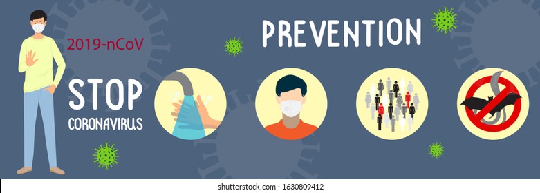 2019-nCoV Wuhan coronavirus. Concept design of stopping coronavirus. Man in medical mask showing hand palm gesture, stop sign and prevention infographics. Flat cartoon vector 