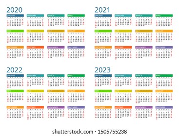 2020, 2021, 2022, 2023 calendar. Print Template. Week Starts Sunday. Portrait Orientation. Set of 12 Months. Planner for 2020 Year.