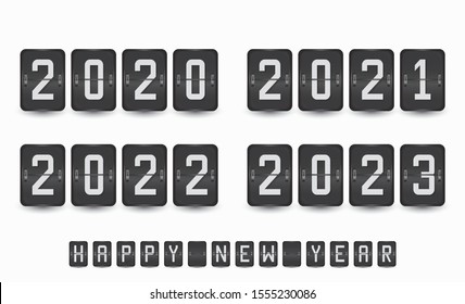 2020, 2021, 2022 and 2023 Happy New Year design, with seasonal holidays flyers, greetings, invitations, and cards. Metallic airport flip board template. Realistic vector board with mechanical sign.