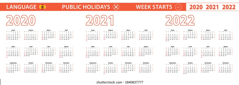 2020, 2021, 2022 year vector calendar in Spanish language, week starts on Sunday. Vector calendar.