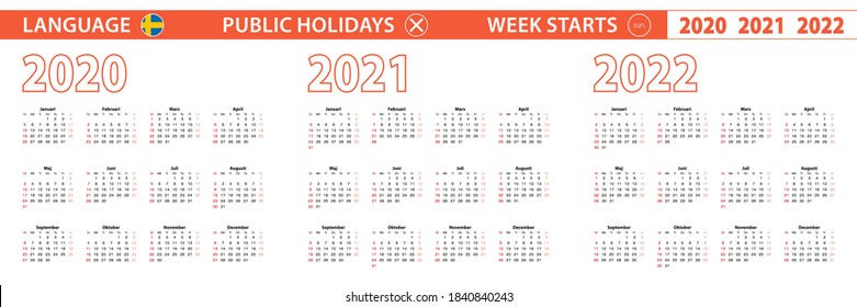 2020, 2021, 2022 year vector calendar in Swedish language, week starts on Sunday. Vector calendar.