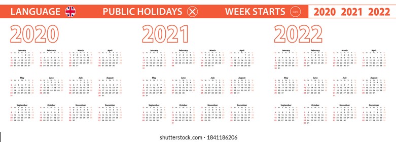 2020, 2021, 2022 Jahre Vektordalender in englischer Sprache, Woche beginnt am Sonntag. Vektorkalender.