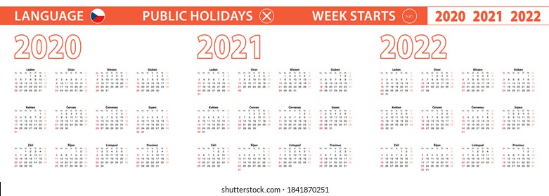 2020, 2021, 2022 year vector calendar in Czech language, week starts on Sunday. Vector calendar.