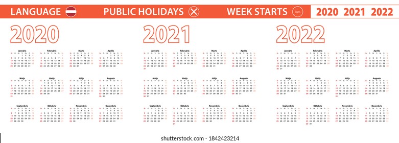 2020, 2021, 2022 year vector calendar in Latvian language, week starts on Sunday. Vector calendar.