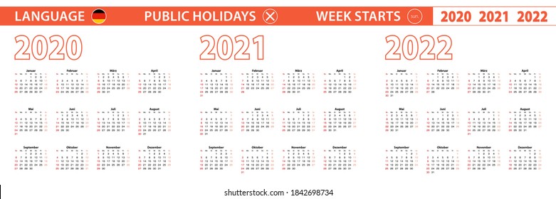 2020, 2021, 2022 year vector calendar in German language, week starts on Sunday. Vector calendar.