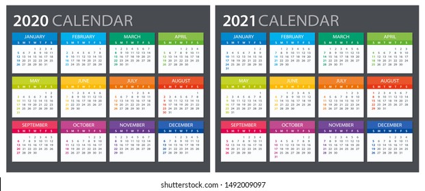 2020 2021 Calendar - illustration. Template. Mock up. Week starts Sunday