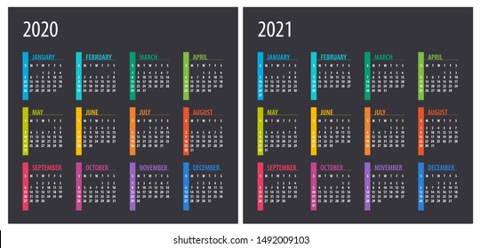 2020 2021 Calendar - illustration. Template. Mock up Week starts Sunday