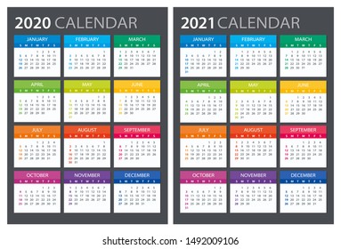 2020 2021 Calendar - illustration. Template. Mock up. Week starts Sunday