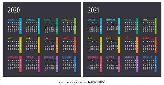 2020 2021 Calendar - illustration. Template. Mock up. Week starts on Monday