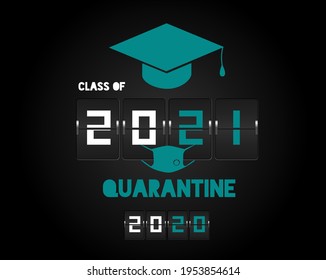 2020 and 2021 Flip board Quarantine graduation card. Graduate in a respirator or mask.Concept for the design of a greeting card, logo, flyer, t-shirt design. Illustration, vector