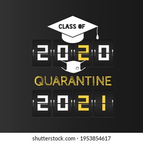 2020 and 2021 Flip board Quarantine graduation card. Graduate in a respirator.Concept for the design of a greeting card, logo, flyer, t-shirt design. Illustration, vector