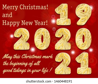 2020, 2021 hand patterned lettering. Golden numbers with gold ornament on red background with bokeh and flare. Happy New Year card design. Vector illustration