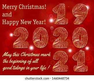 2020, 2021 hand patterned numbers. Golden letters with gold mehendi ornament patterns on red background with bokeh and flare. Happy New Year card design. Vector illustration
