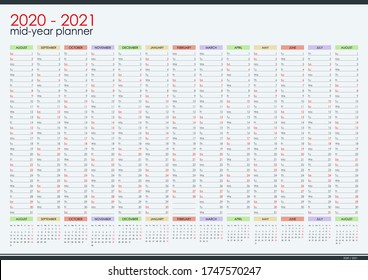 2020 - 2021 Planner de pared de mitad de año. Año académico. Perfecto para el plan de escolaridad en casa, horario. Organizador, plantilla de planificador anual. Ilustración vectorial. Meses verticales. Una página. Conjunto de 12 meses.