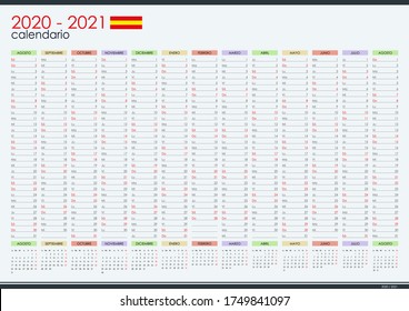 2020-2021, planificador de murallas en español. Año académico. Perfecto para el plan de escolaridad en casa, horario. Organizador, plantilla de planificador anual. Ilustración vectorial. Una página. Conjunto de 12 meses.