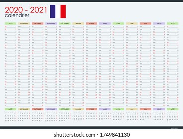 2020 - 2021 mid year wall planner in french language. Academic year. Perfect for home schooling plan, schedule. Organizer, yearly planner template. Vector illustration. One page. Set of 12 months.