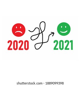 2020 a 2021 concepto de resolución de texto con cara triste a feliz