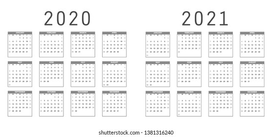 2020 and 2021 year calendar simple style planner layout.  Grayscale,grey symbols.  Week starts from Sunday