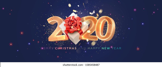 2020 3d golden number for New Year festive invitation background with Christmas gift box and confetti. Vector illustration