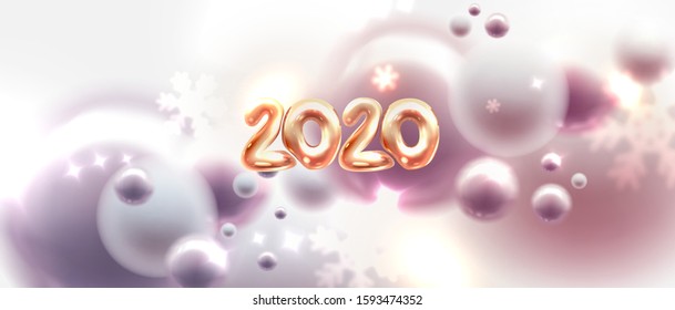 2020 3d golden number for New Year festive invitation background with soft blurred balls, liquid fluid baubles, tinsel and defocused winter snowflakes. Vector illustration