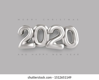 2020 3d lettering realistic silver numbers isolated on gray background. Glossy Christmas 2020 banner. Concept design for Happy New Year, Xmas holidays.