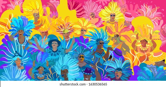 2020 Abstract Rio Brazilian Carnival music dance festival night party Happy People Samba dancer parade Sambadrome, New Orleans Mardi Gras, notting hill, Venezia costume exotic tropical vector brochure