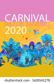 2020 Abstract Rio Brazilian Carnival music dance festival night party Happy People Samba dancer parade Sambadrome, New Orleans Mardi Gras, notting hill, Venezia costume exotic tropical vector brochure