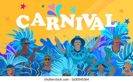 2020 Abstract Rio Brazilian Carnival music dance festival night party Happy People Samba dancer parade Sambadrome, New Orleans Mardi Gras, Notting Hill, Venezia costume exotic tropical vector brochure