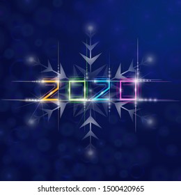 2020. Abstract vector holiday illustration of glowing 
multicolored  neon 2020 sign with lens flare light effect and abstract snowflake. Happy New 2020 Year.