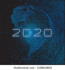 2020. Abstract vector holiday illustration of blue 2020 sign and abstract globe earth. Christmas greeting card on a blue background