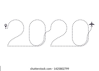 2020 Airplane dotted line path. New Year air plane route, line way. Vector illustration.