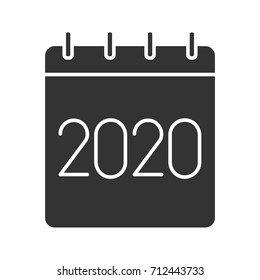 2020 annual calendar glyph icon. Silhouette symbol. Yearly calendar with 2020 sign. Negative space. Vector isolated illustration