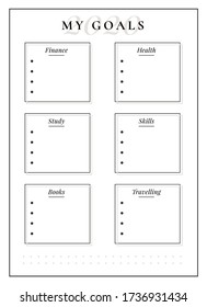 2020 annual goal spread minimalist planner page design. Manage finance. Write tasks in memo boxes. Life categories bullet journal printable sheet. Personal organizer. Notebook vector template
