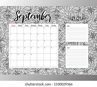 2020 Antisterss calendar, doodle illustration. Coloring Book. September