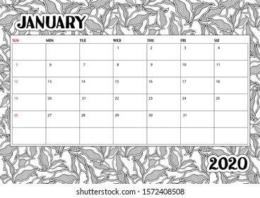 2020 Antisterss calendar planner, doodle illustration. Coloring Book. 